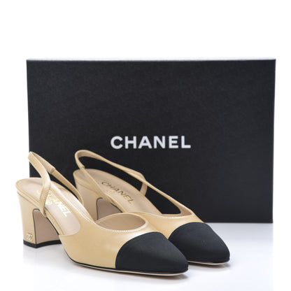 Chanel Goatskin Grosgrain Cap Toe CC Slingback Pumps 39.5 Beige Black 9 of 9