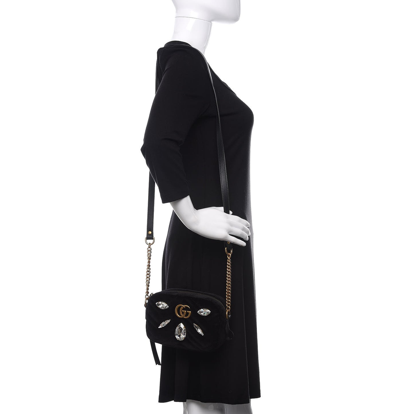 Velvet Matelasse Marquise Crystals Mini GG Marmont Chain Shoulder Bag Black