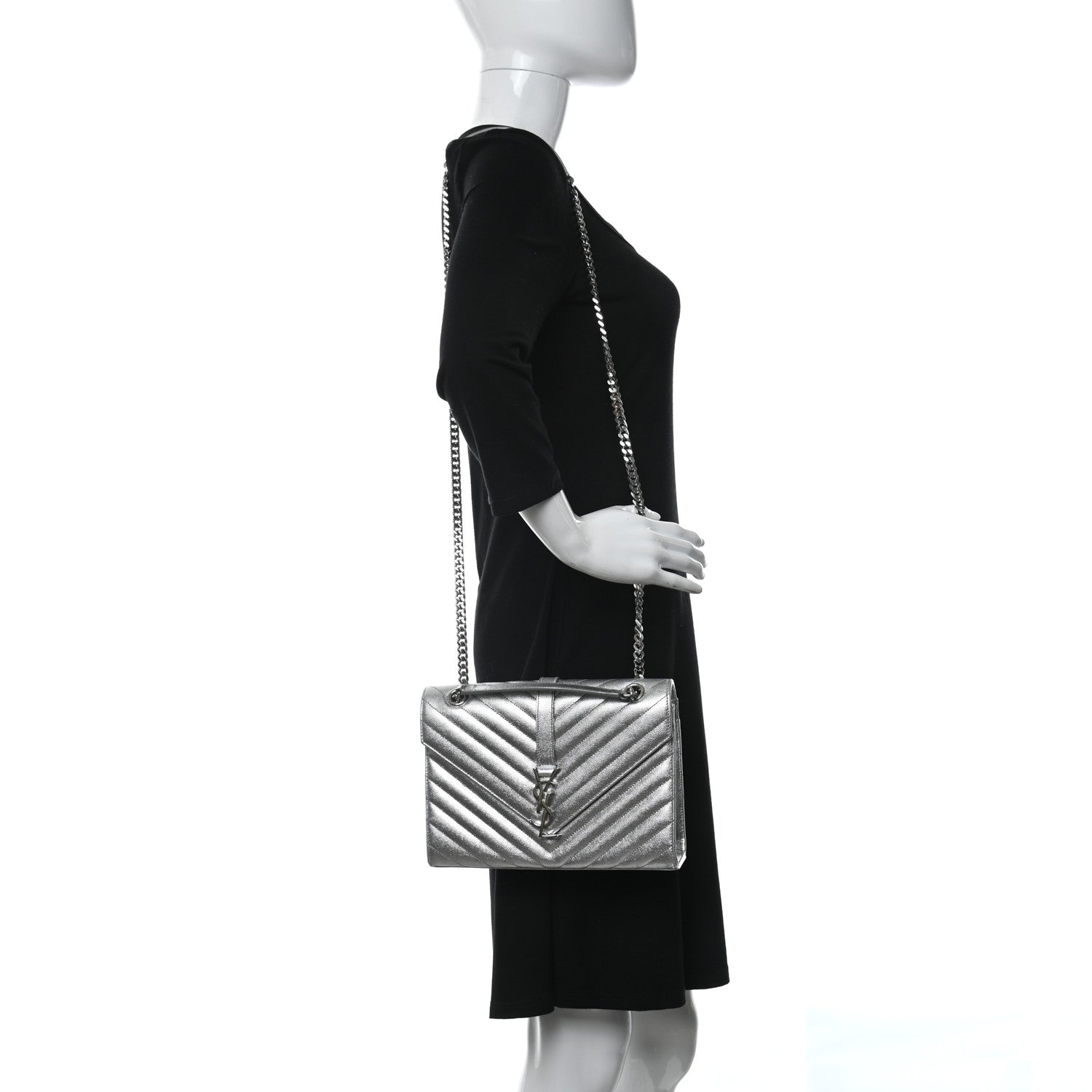 Saint Laurent Metallic Grain De Poudre Matelasse Chevron Medium Monogram Satchel Silver 2 of 10