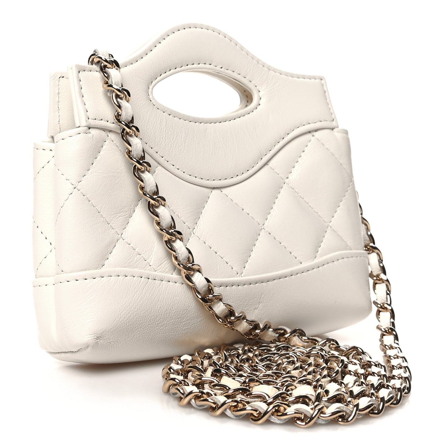 Shiny Lambskin Quilted Micro 31 Clutch With Chain White