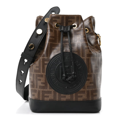 Fendi Glazed Fabric Vitello Grace F is Fendi FF 1974 Stamp Patch Grande Mon Tresor Bucket Bag Mogano Panna Black 1 of 10