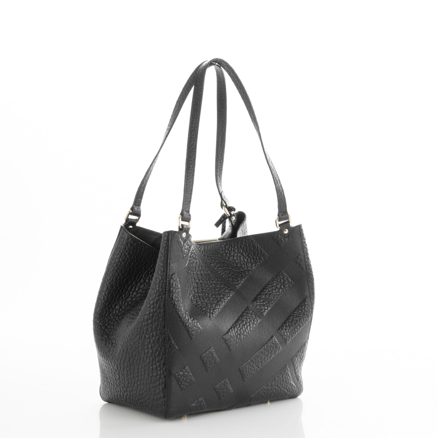 Signature Grain Calfskin Check Embossed Small Canterbury Tote Black