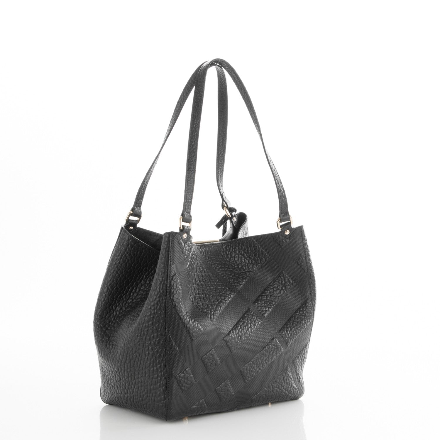Burberry Signature Grain Calfskin Check Embossed Small Canterbury Tote Black 3 of 7