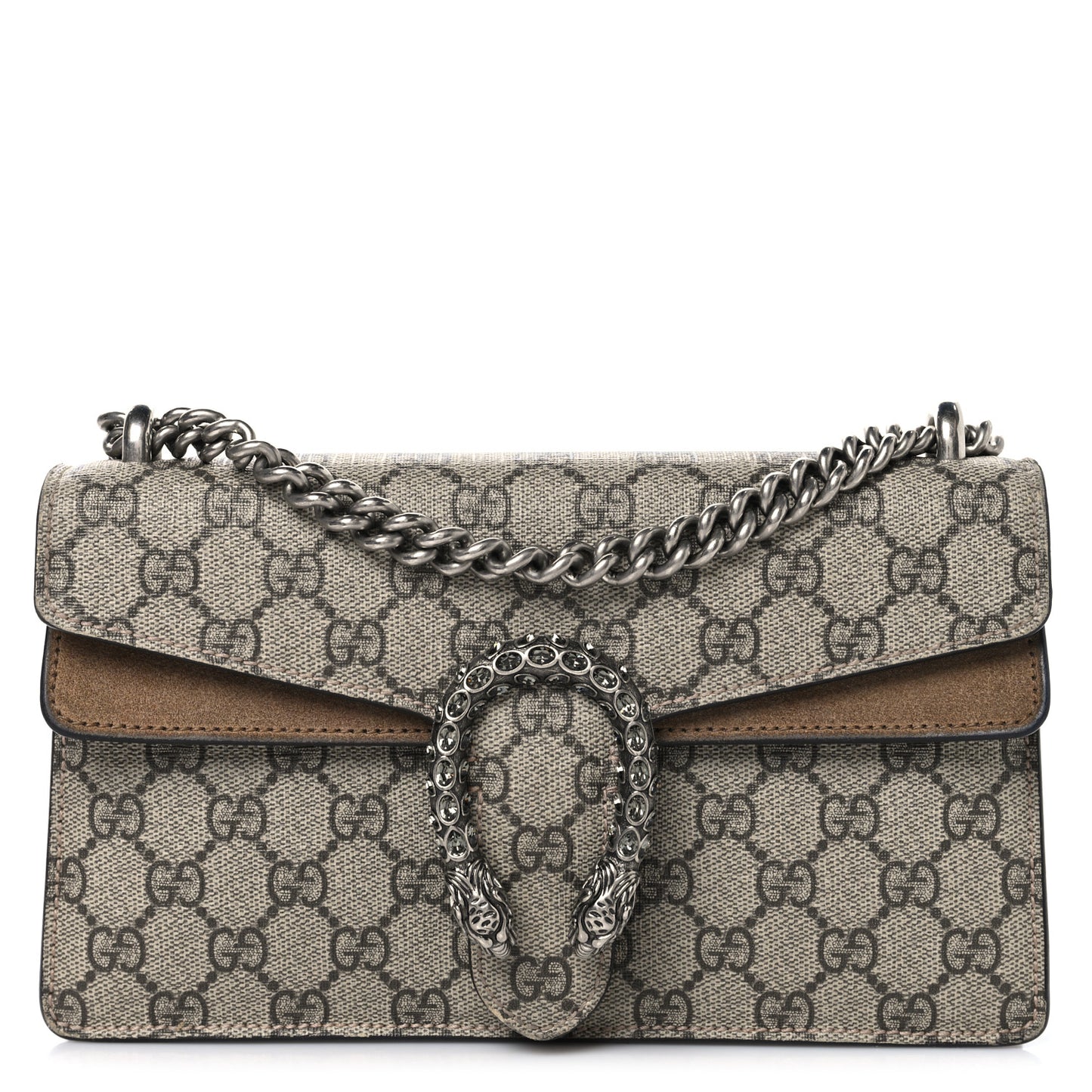 GG Supreme Monogram Suede Crystal Small Dionysus Shoulder Bag Beige Ebony Taupe