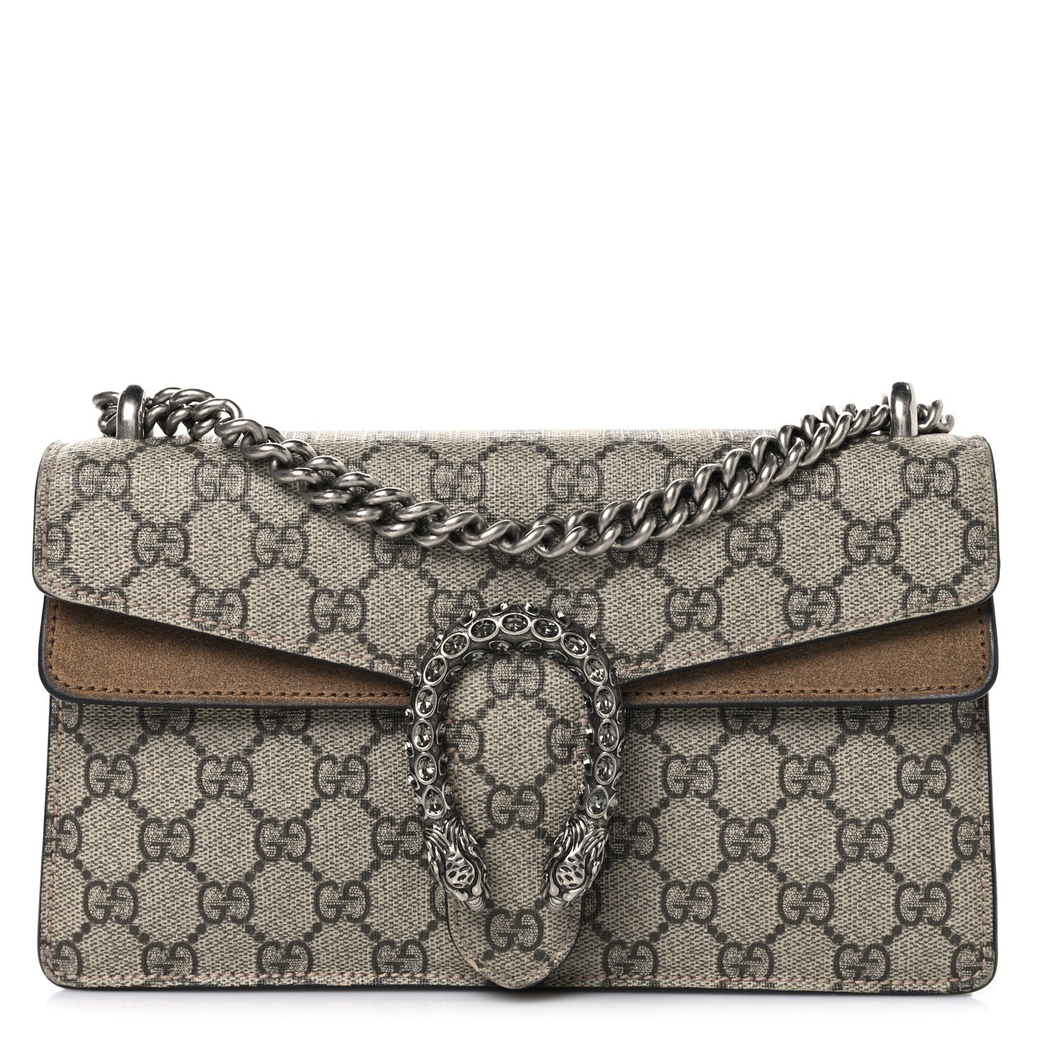 Gucci GG Supreme Monogram Suede Crystal Small Dionysus Shoulder Bag Beige Ebony Taupe 1 of 10