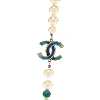 Chanel Graduated Pearl Enamel Bead CC Logo Long Necklace White Blue Multicolor 4 of 7