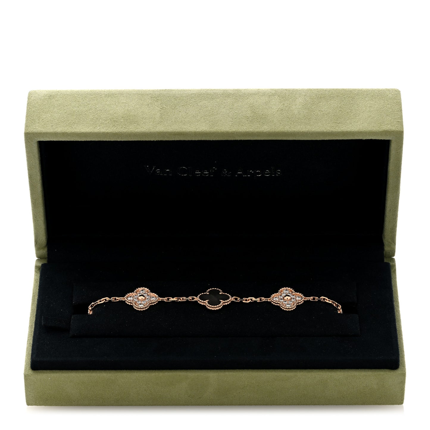 18K Rose Gold Diamond Gray Mother of Pearl 5 Motifs Vintage Alhambra Bracelet