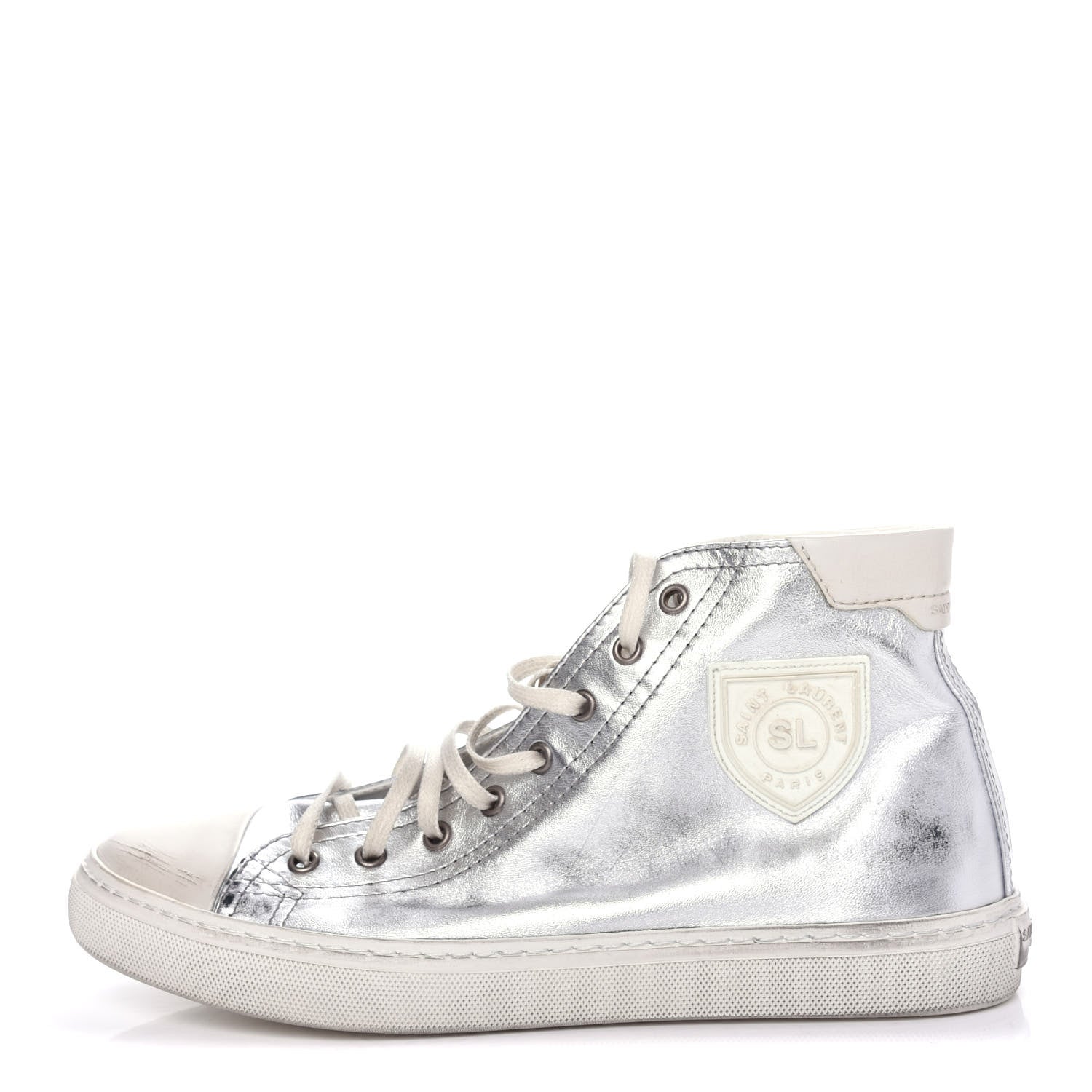 Saint Laurent Distressed Calfskin Bedford Logo-Appliqued Hightop Sneakers 40 Argento Cream White 1 of 11