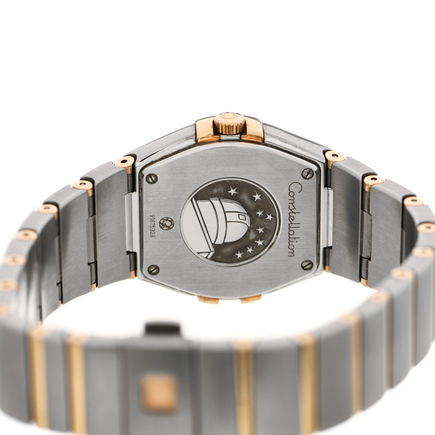 Stainless Steel 18K Yellow Gold Diamond Bezel Mother of Pearl 27mm Constellation Quartz Watch 123.25.27.60.55.003