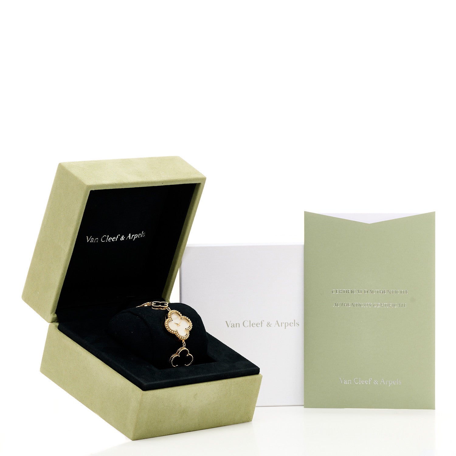 Van Cleef & Arpels 18K Yellow Gold Mother of Pearl Black Onyx 26mm Alhambra Quartz Watch 5 of 5