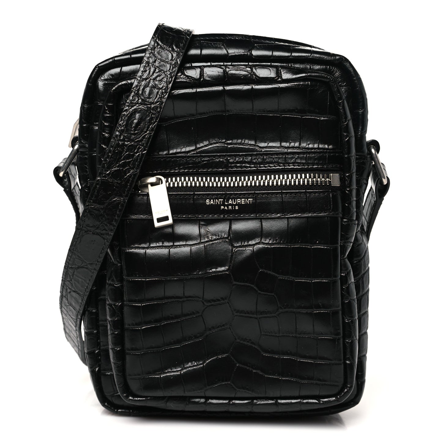 Calfskin Crocodile Embossed Sid Messenger Bag Black