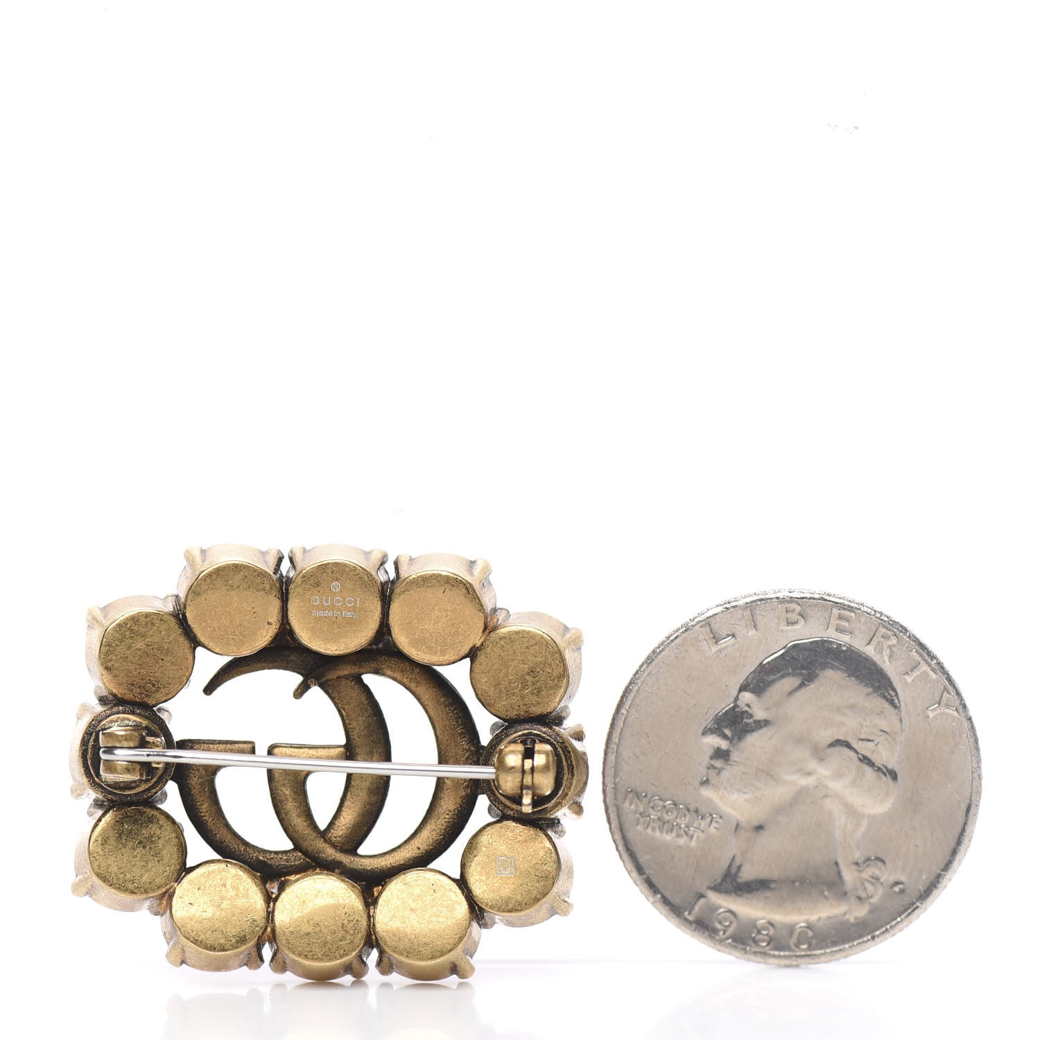 Gucci Metal Crystal Double G Brooch Aged Gold Red 2 of 4