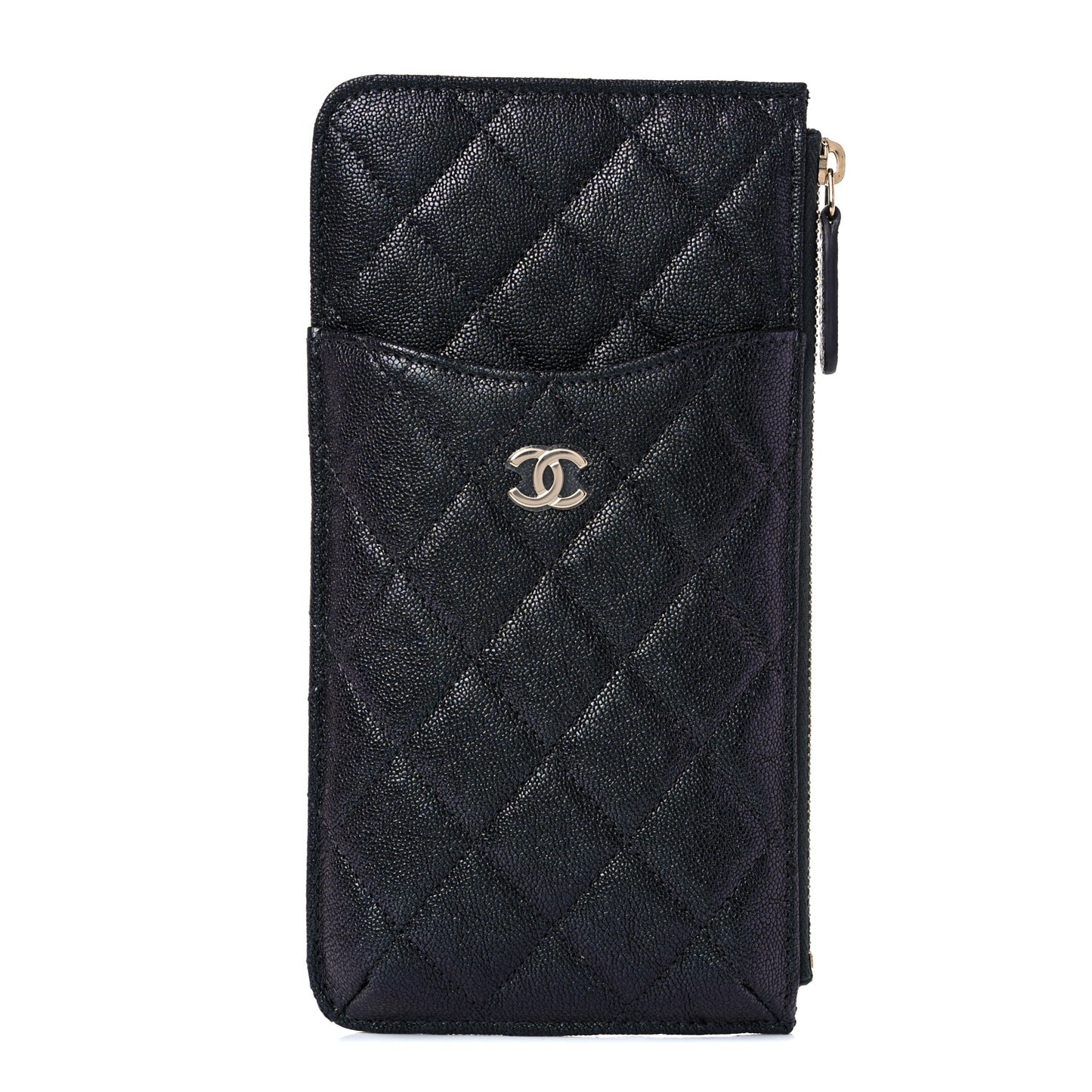 Iridescent Caviar Quilted Classic Flat Wallet Pouch Black