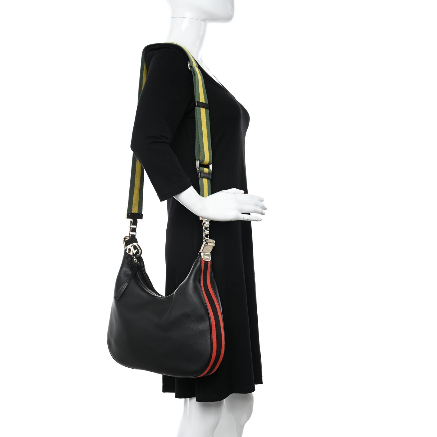 Aria Calfskin Web Large Attache Shoulder Bag Black