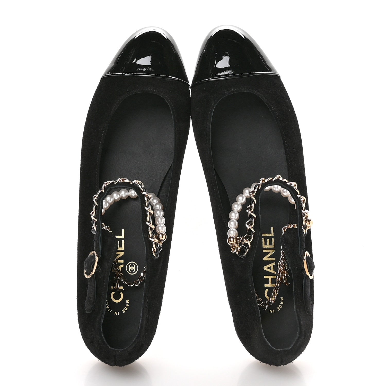Chanel Shiny Lambskin Pearl Cap Toe Ankle Chain Ballerina Flats 40