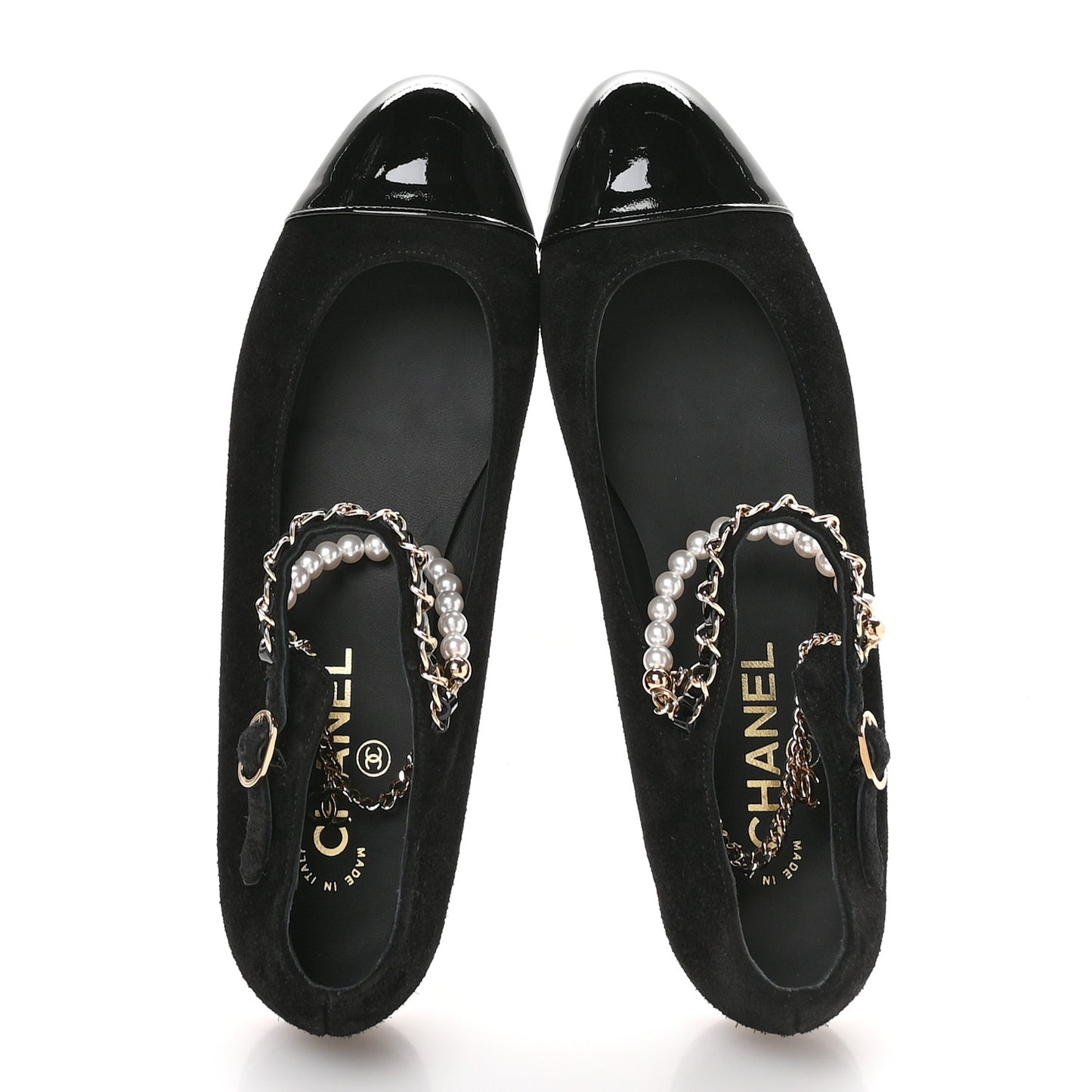 Shiny Lambskin Pearl Cap Toe Ankle Chain Ballerina Flats 40 Black