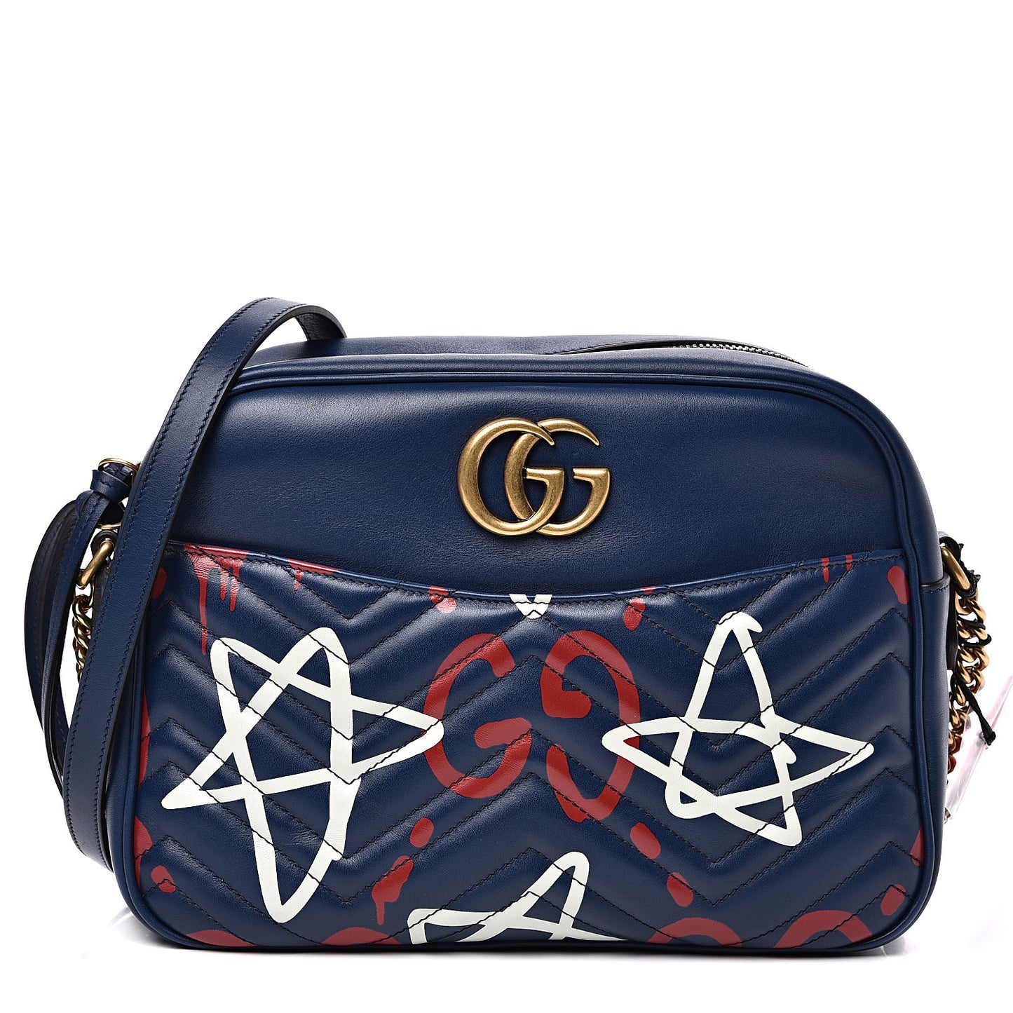 Calfskin Matelasse GucciGhost Medium GG Marmont Chain Shoulder Bag Blue Agata Hibiscus Red
