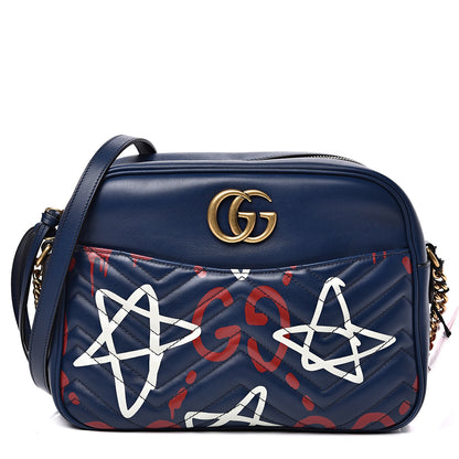 Gucci Calfskin Matelasse GucciGhost Medium GG Marmont Chain Shoulder Bag Blue Agata Hibiscus Red 1 of 11