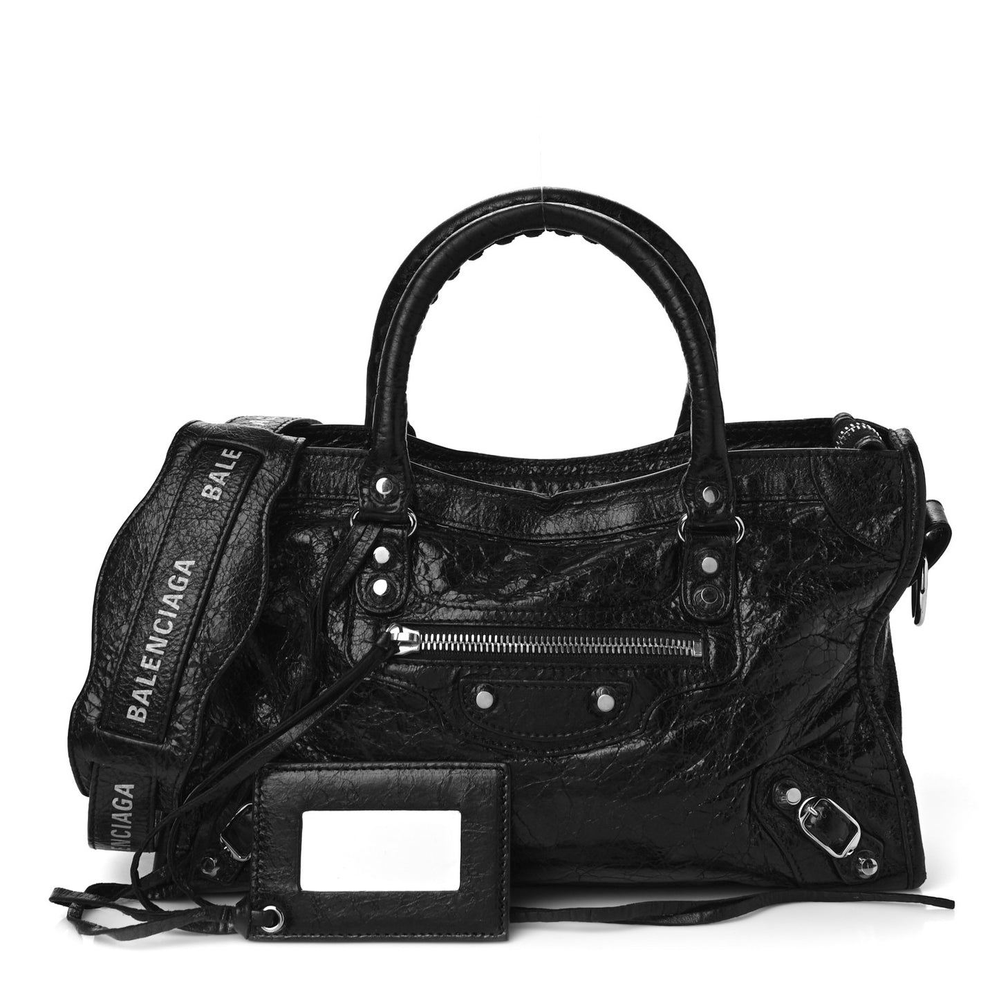 Agneau Classic Silver Hardware S City Logo Strap Black White