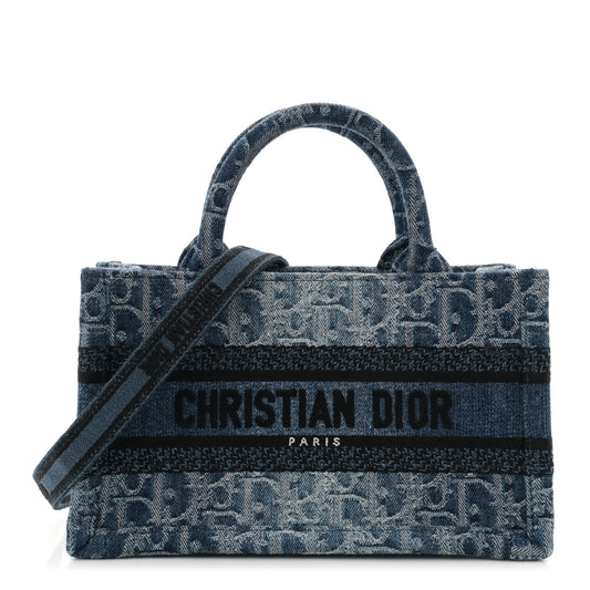 Denim Oblique Mini Book Tote With Strap Blue