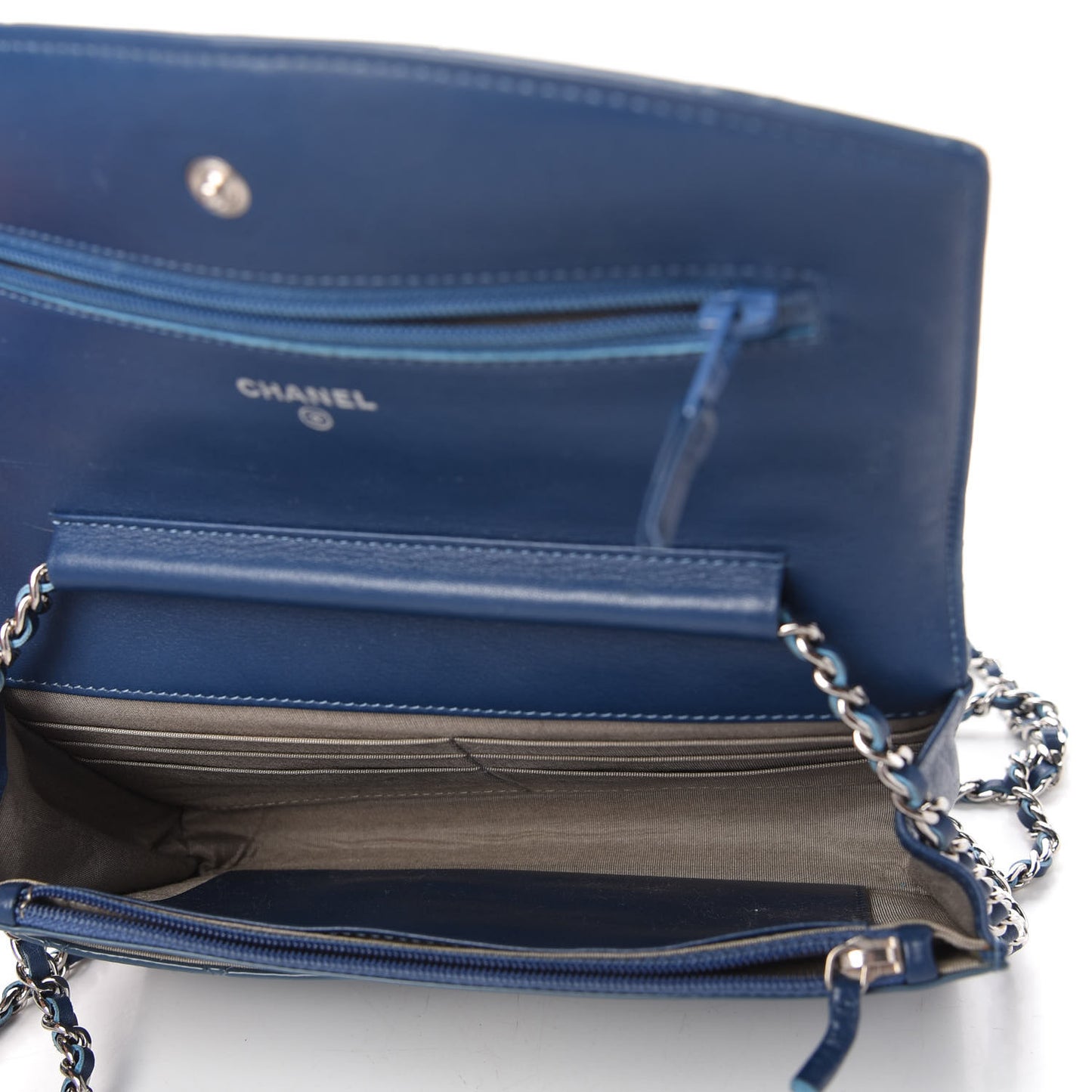 Patent Quilted Brilliant Wallet On Chain WOC Blue