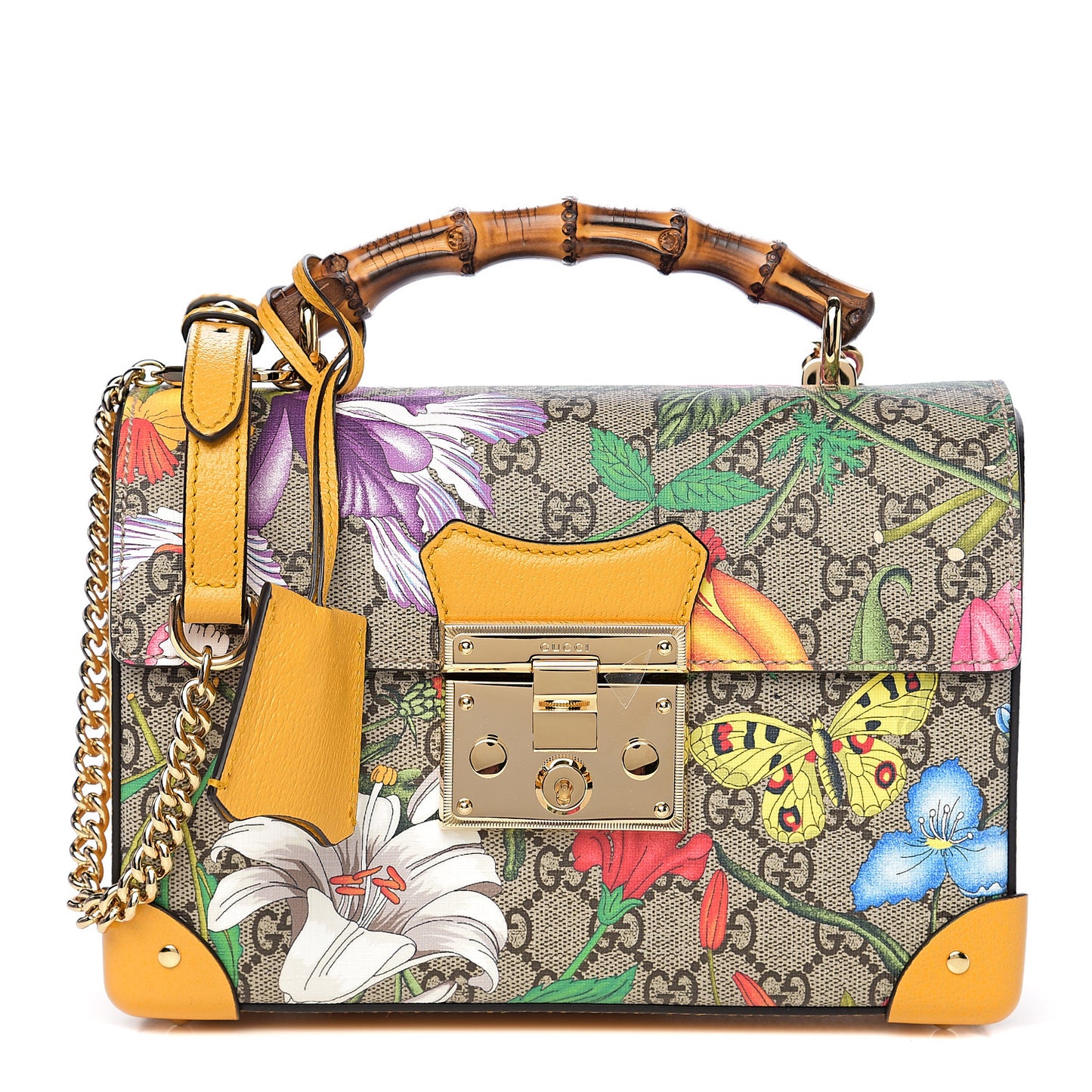 GG Supreme Monogram Flora Small Padlock Bamboo Shoulder Bag Beige Multicolor Crop