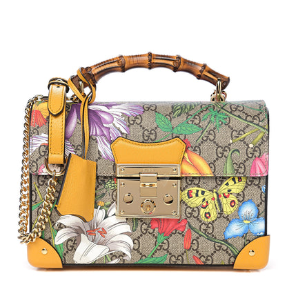 Gucci GG Supreme Monogram Flora Small Padlock Bamboo Shoulder Bag Beige Multicolor Crop 1 of 10