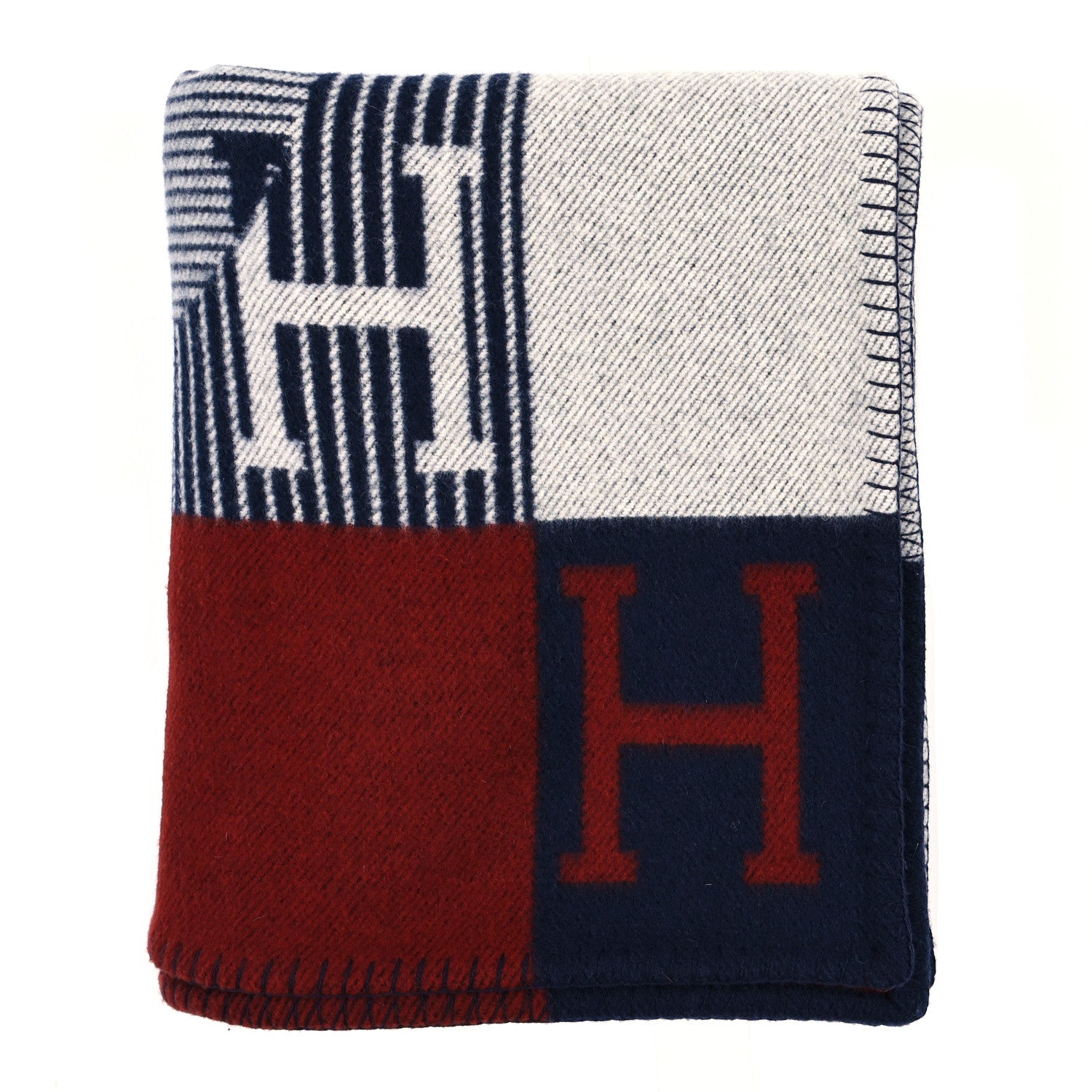Hermes Wool Cashmere Echecs Et Trames Blanket Rouge H Marine 1 of 3