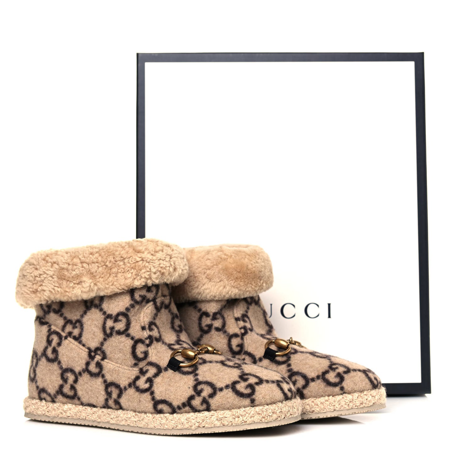 Covered Wool GG Monogram Womens Fria Horsebit Ankle Boots 37.5 Beige Ebony Butterscotch