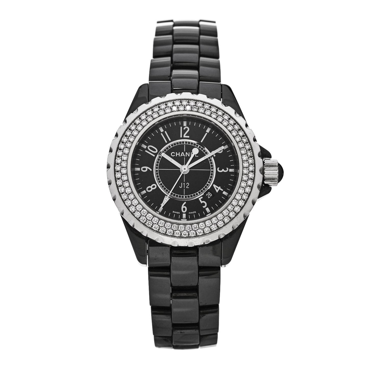 Stainless Steel Ceramic Diamond Pave Bezel 33mm J12 Quartz Watch Black