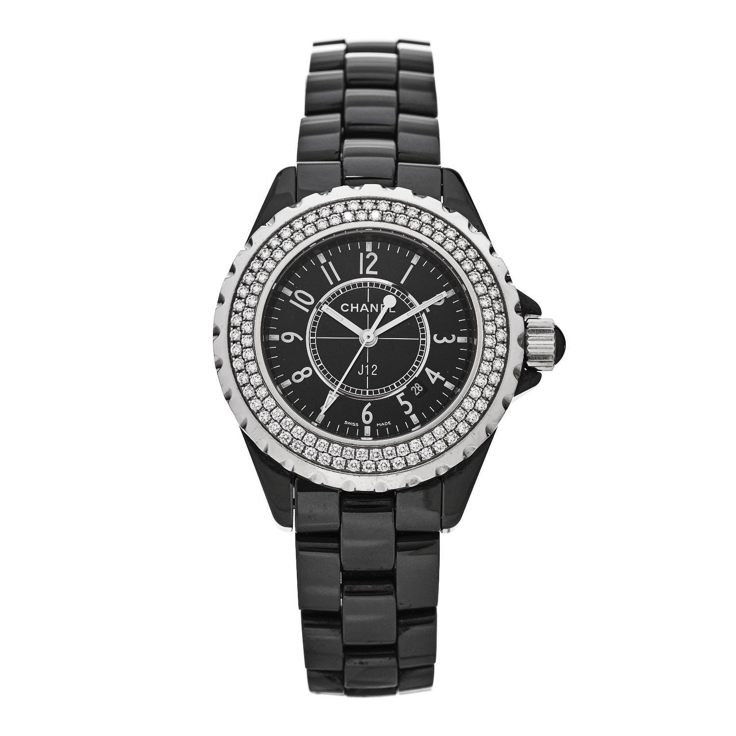 Chanel Stainless Steel Ceramic Diamond Pave Bezel 33mm J12 Quartz Watch Black 1 of 4