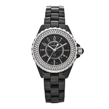 Chanel Stainless Steel Ceramic Diamond Pave Bezel 33mm J12 Quartz Watch Black 1 of 4