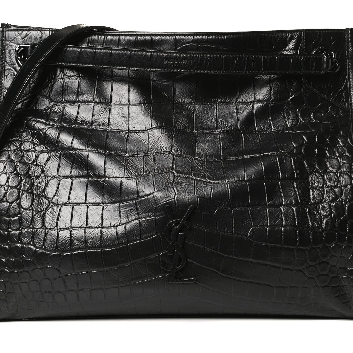 Calfskin Crocodile Embossed Monogram Medium Niki Shopping Bag Black