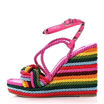 Valentino Garavani Calfskin Rockstud Ankle Strap Torchon Espadrille 25/115mm Wedge Sandals 37 Feminine Pink Multicolor 1 of 8