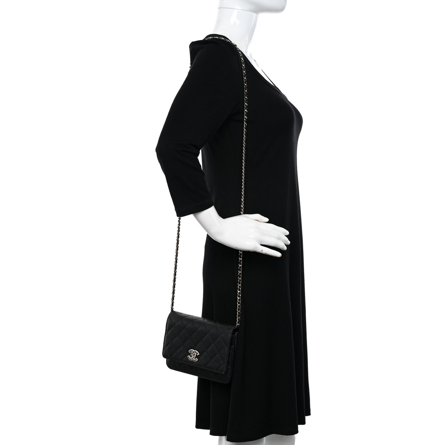 Caviar Quilted Crystal CC Wallet On Chain WOC Black