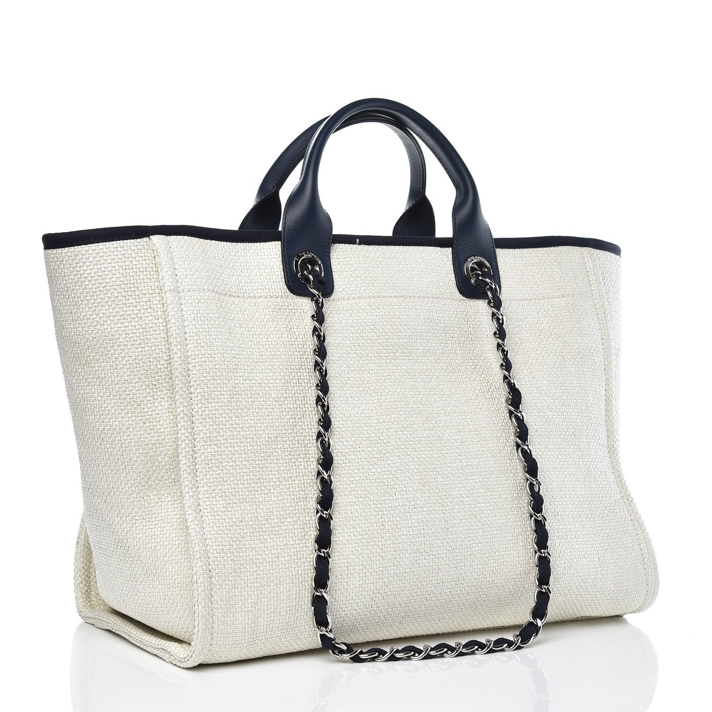 Woven Straw Raffia Large Deauville Tote White Navy