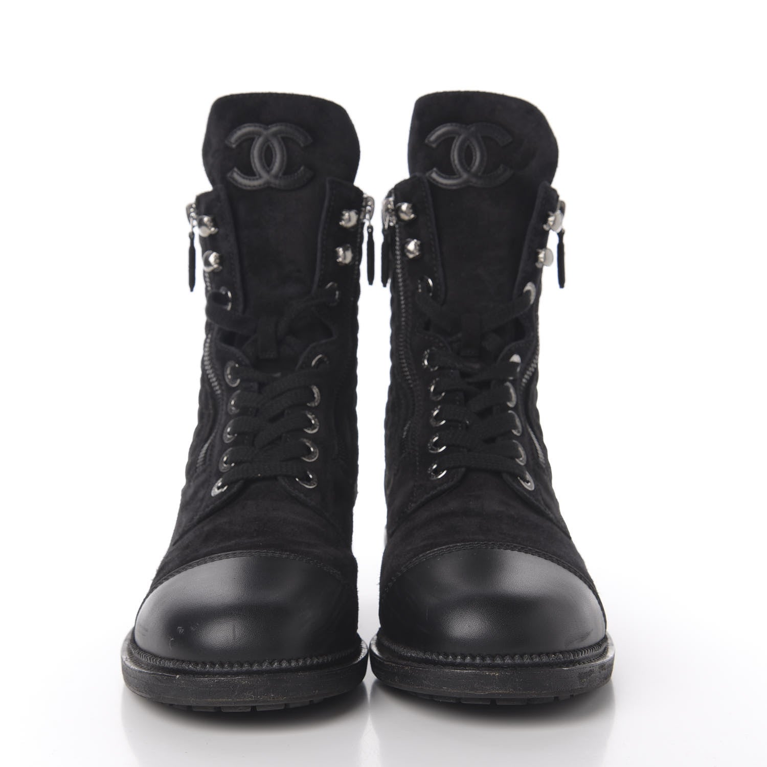 Chanel Suede Quilted CC Lace Up Combat Boots 41.5 Black 3 of 11