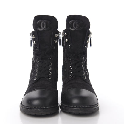 Chanel Suede Quilted CC Lace Up Combat Boots 41.5 Black 3 of 11