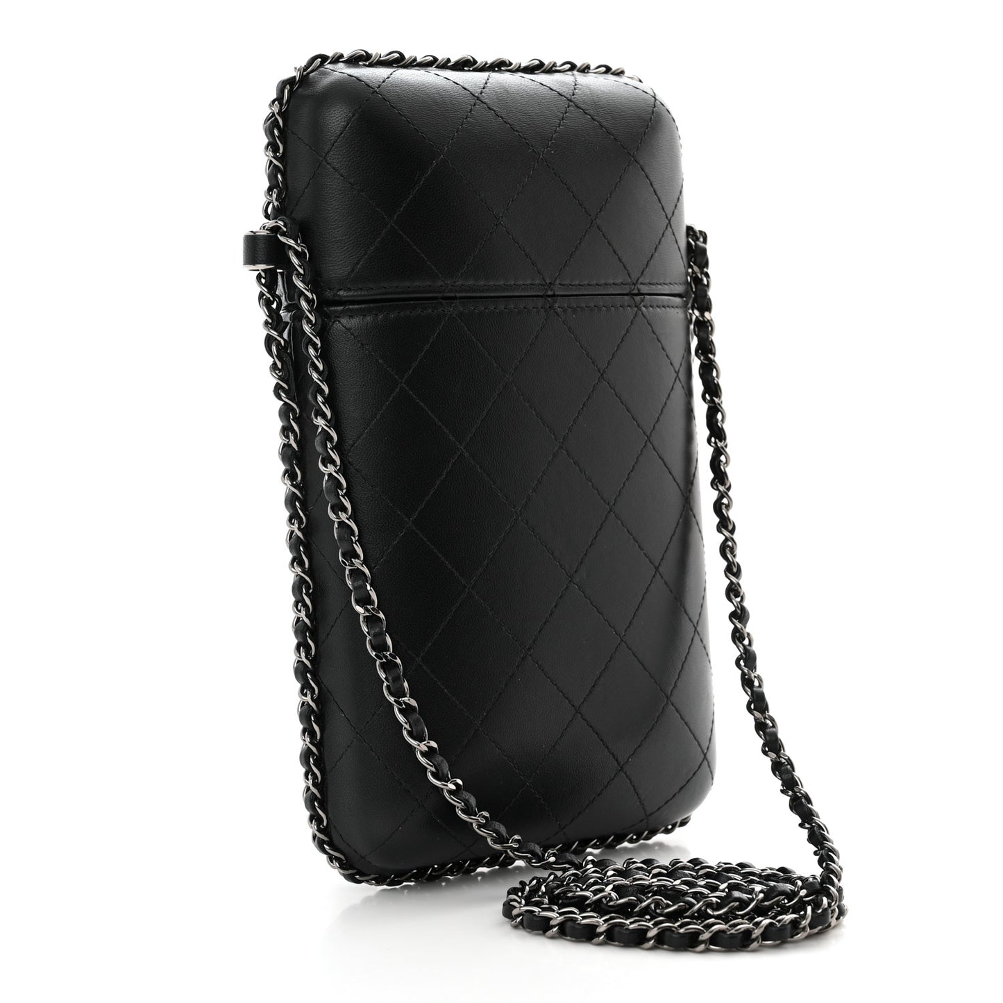 Lambskin Quilted Chain Around Phone Holder Black