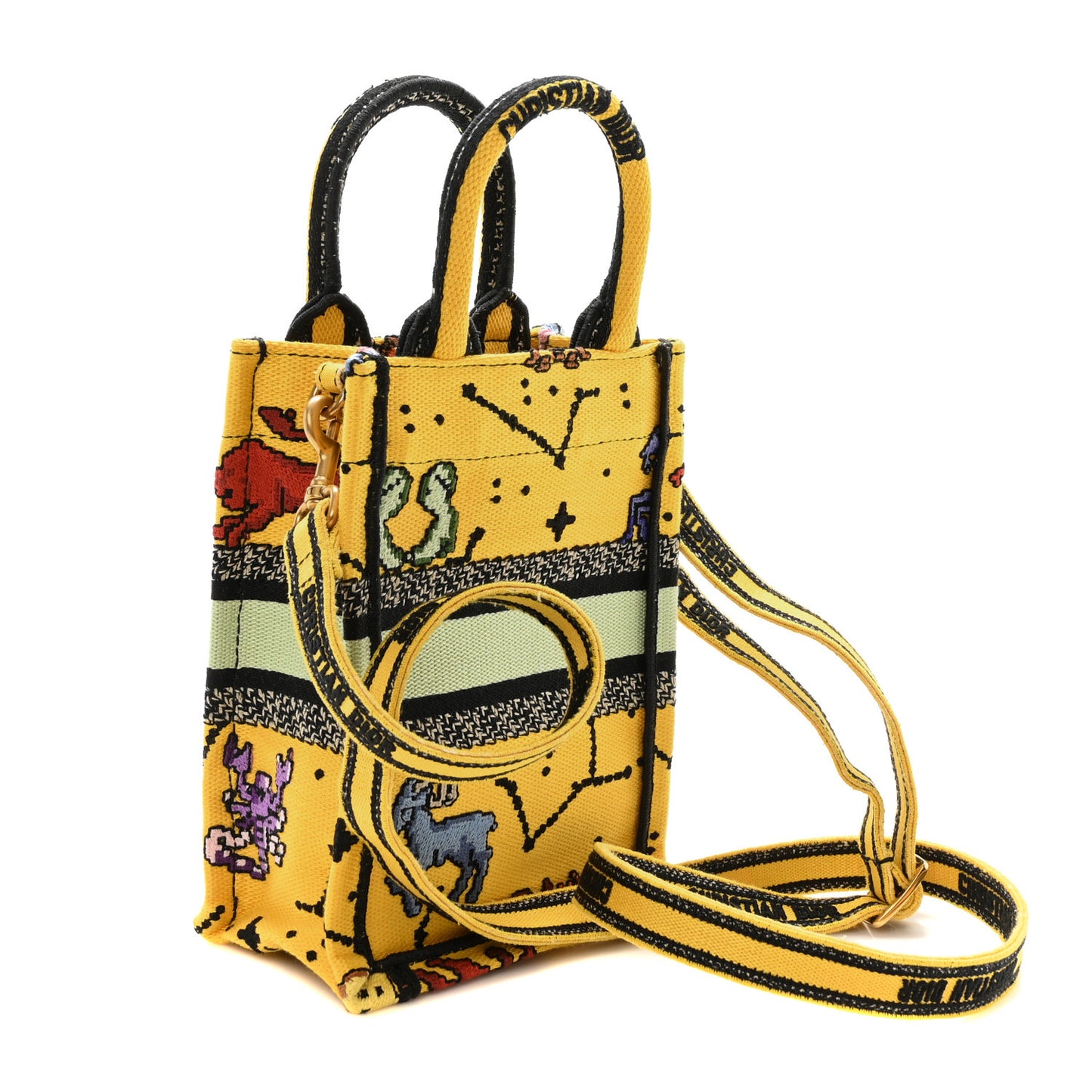 Canvas Embroidered Pixel Zodiac Mini Book Tote Phone Bag Jaune Multicolor