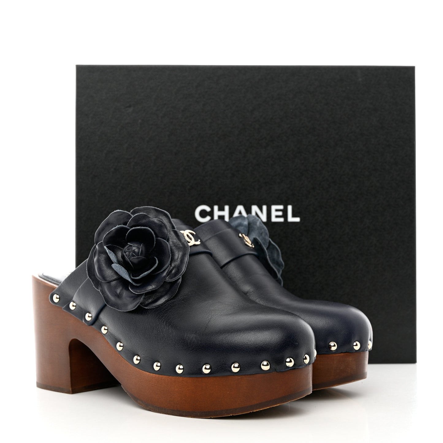 Calfskin Camellia Clogs 41 Navy