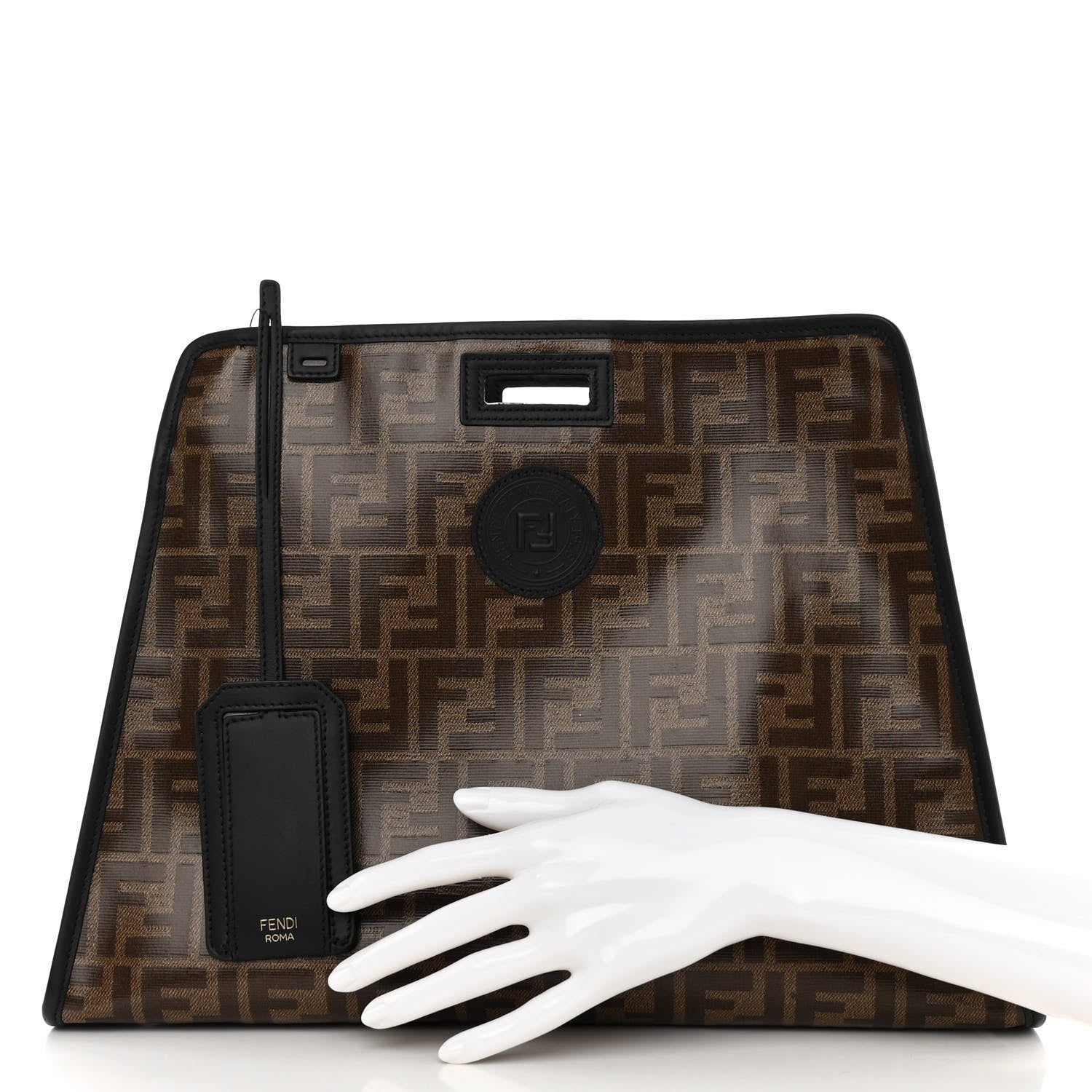 Fendi Glazed Fabric Vitello Century FF 1974 Stamp Patch Medium Peekaboo Defender Cover Mogano Panna Black 3 of 11
