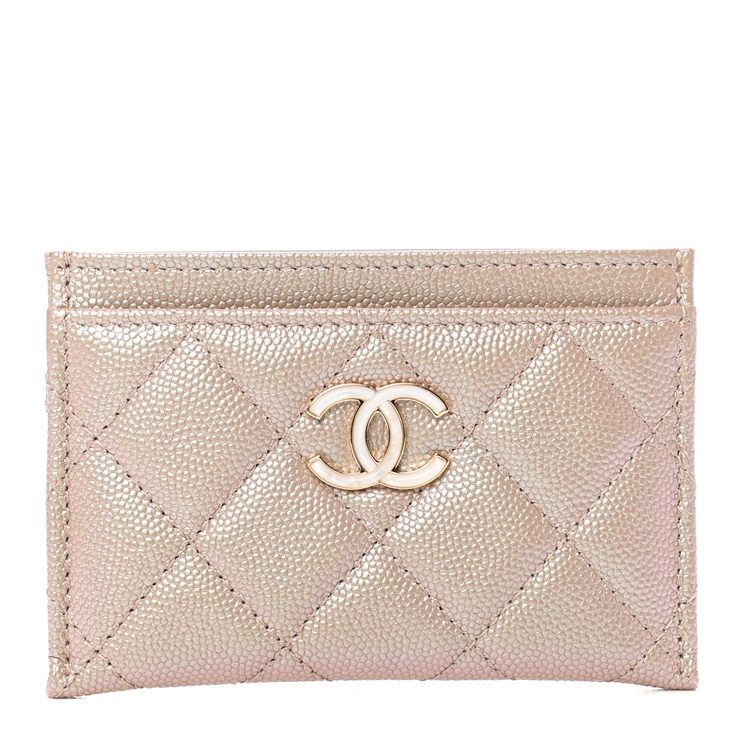 Iridescent Caviar Quilted Card Holder Beige