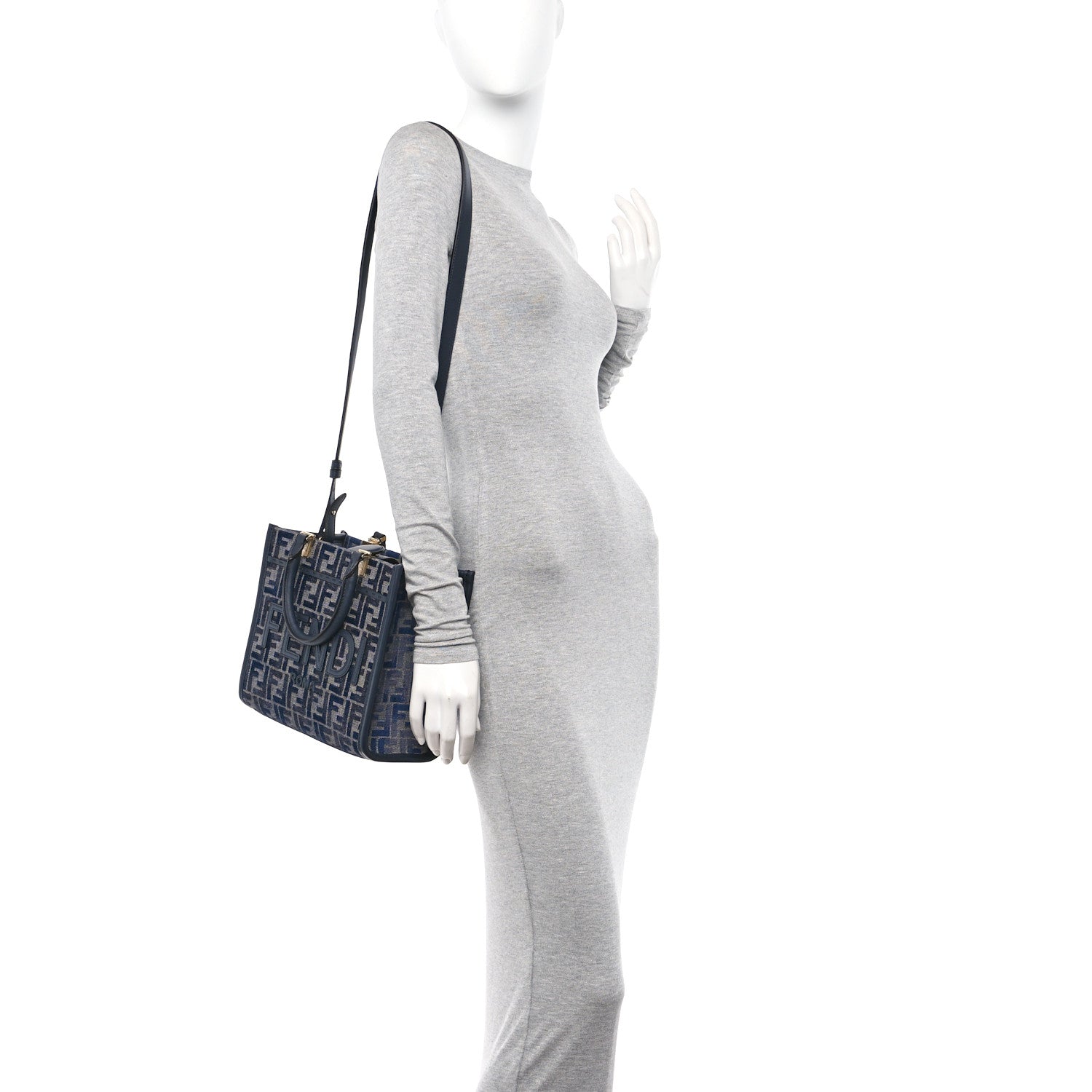 Fendi Chenille Vitello Grace FF Embroidered Small Fendi Sunshine Shopper Tote Dark Blue Grey 2 of 10