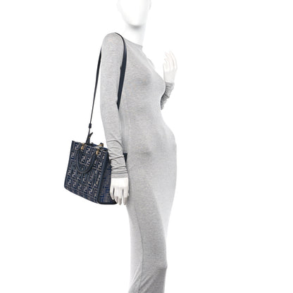 Fendi Chenille Vitello Grace FF Embroidered Small Fendi Sunshine Shopper Tote Dark Blue Grey 2 of 10
