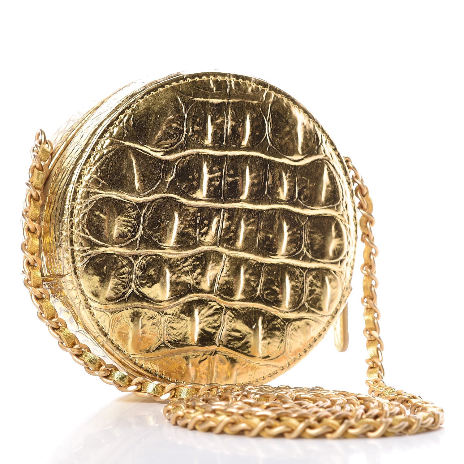 Chanel Metallic Calfskin Crocodile Embossed Cocodile Round Clutch with Chain Gold 3 of 8