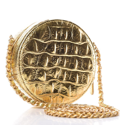 Chanel Metallic Calfskin Crocodile Embossed Cocodile Round Clutch with Chain Gold 3 of 8