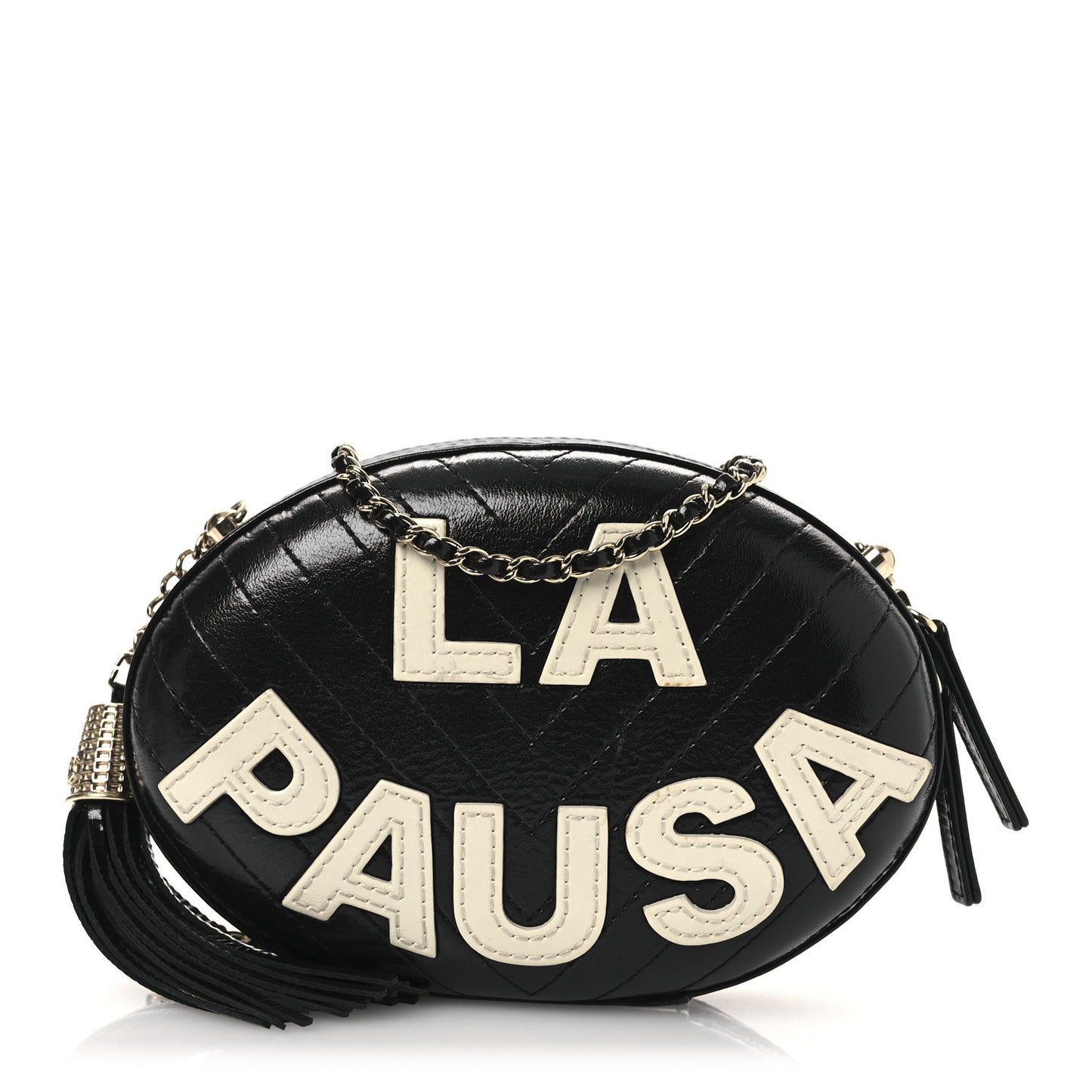 Lambskin Embroidered Chevron Quilted La Pausa Tassel Clutch Black
