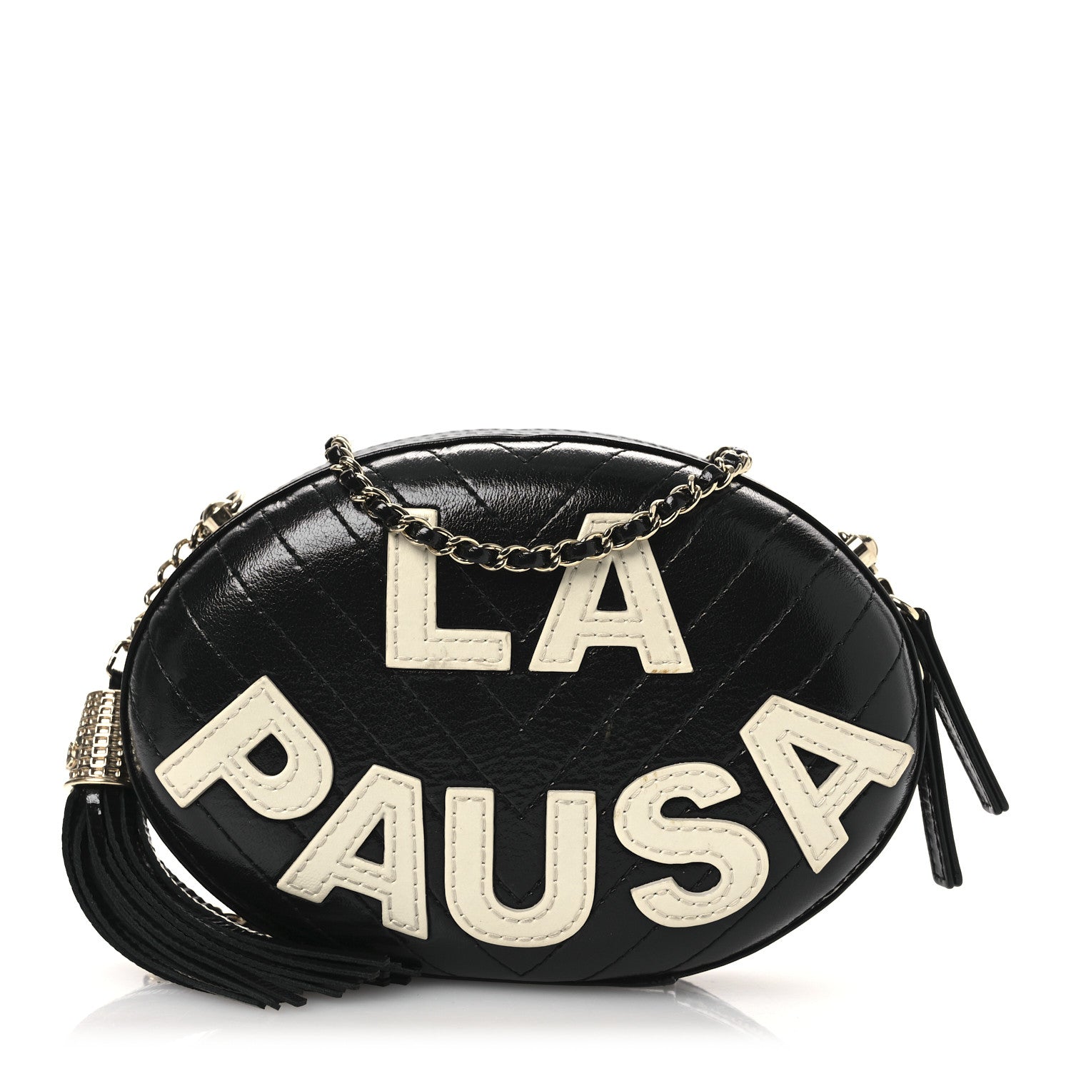 Chanel Lambskin Embroidered Chevron Quilted La Pausa Tassel Clutch Black 1 of 10