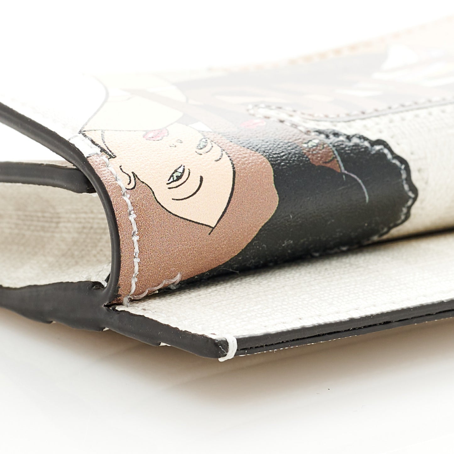 Glazed Fabric Vitello Liberty FF Logo Bikini Girls Inlay Fold Over Card Holder Wallet Bianco Perla Multicolor